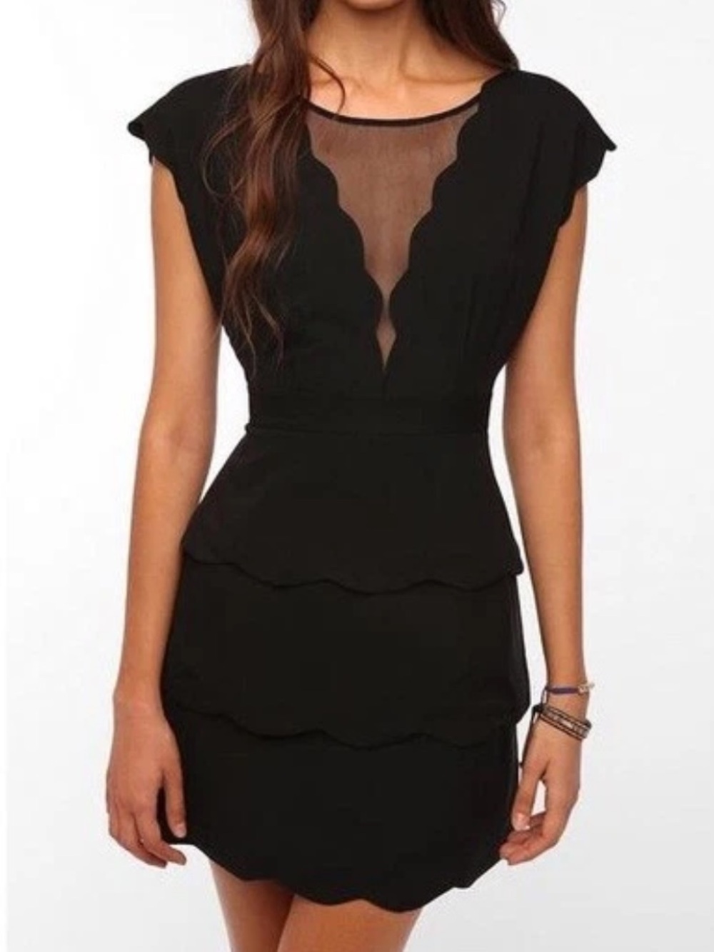 Coincidence & Chance Black Scallop Sheath Dress with Mesh V-Neck